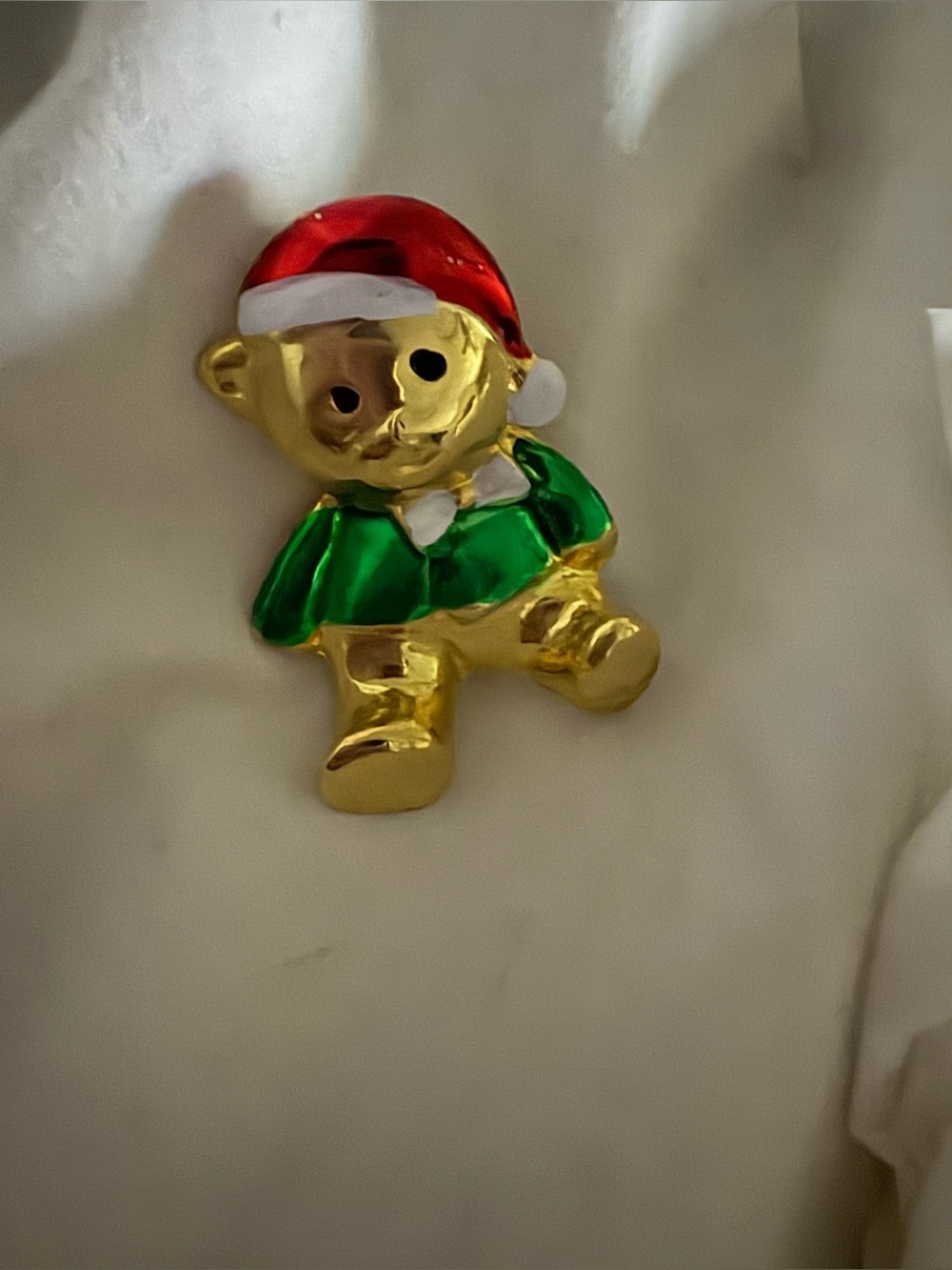 Gold Bear Holiday Toy Pin with Red Hat and Green Jacket